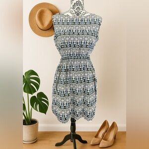 Feathers Boho Navy Blue and White Sheath Cinched Waist Mini Dress, L